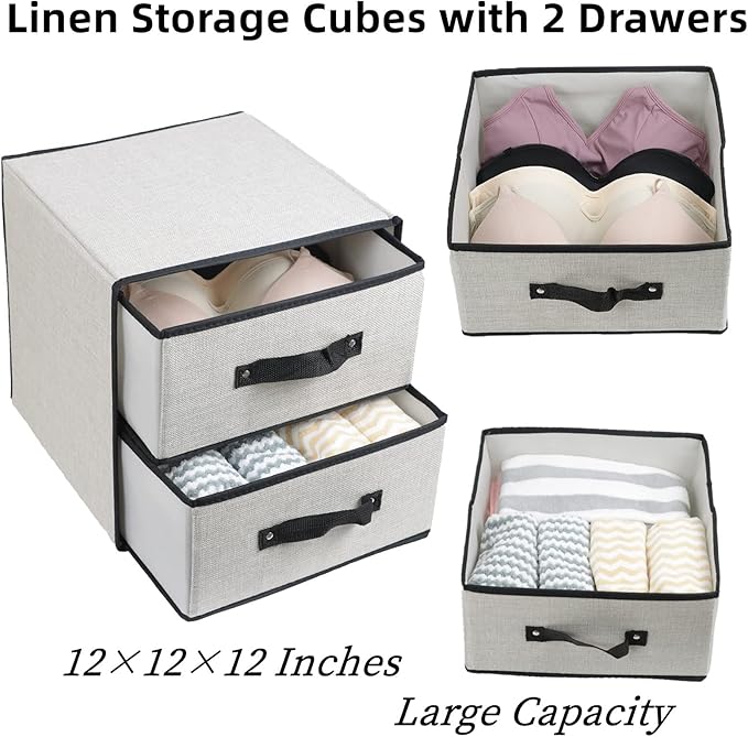 Linen Closet Organizer and Storage, Fabric Storage Drawer Organizer with 2 Drawers for Underwear, Sock, Bra, Small Items - Light Gray