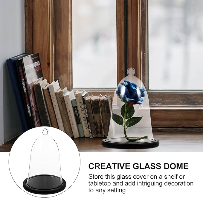 Cupcake Clear Glass Dome Cloche with Rustic Wooden Base Antique Bell Jar Display Dome for Plants Succulents Fairy Lights Photos Medals Decorative Fill and More Black Mini Cake Stand