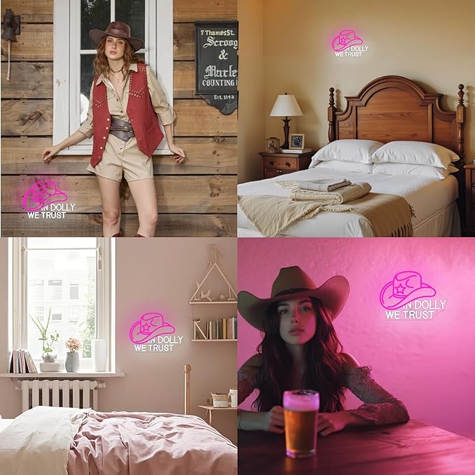 In Dolly We Trust Neon Sign Dimmable Cowgirl Hat Led Signs for Wall Decor LED USB Powered Western Retro Style Neon Light Sign for Club Home Party Bar Girls Bedroom Decoration Birthday Gifts