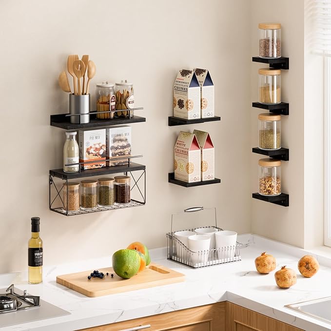 Floating Shelves for Wall Set of 8, Wall Shelves for Decoration and Storage, Bathroom Shelves with Wire Storage Tier, Wood Shelves for Bathroom, Living Room, Bedroom, Kitchen (Black)