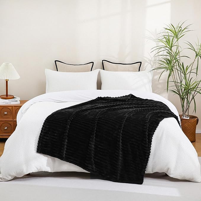 Black Fleece Throw Blanket 50”×60” for Couch Sofa Bed,Super Soft Cozy Plush Microfiber Flannel Blanket with Stripes Design Lightweight for Adults,Woman,Girls