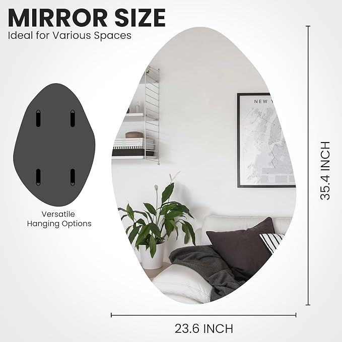Irregular Asymmetrical Wall Mirror for Living Room Bathroom Entryway, Modern Decorative Mirror Hanging (Hook Style, 36'' x 24'')