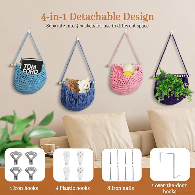 4 Tier Hanging Fruit Basket for Kitchen, 4 Pack Detachable Cotton Crocheted Wall Hanging Basket Over Door Organizer for Fruit Veggie Plant, Hanging Shelves for Bedroom Bathroom (Mixed Color)