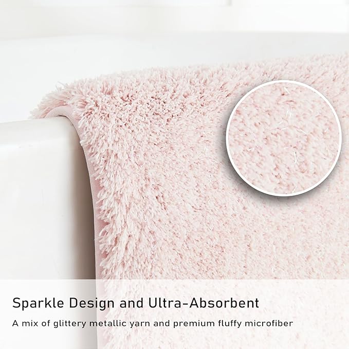 Douceur Sparkle Bath Mats for Bathroom Non Slip 32" X 20", Super Soft Microfiber Pink Bathroom Rugs Washable, Fluffy Absorbent Bath Rugs, Quick Dry Shower Mat Gifts, Pink and White