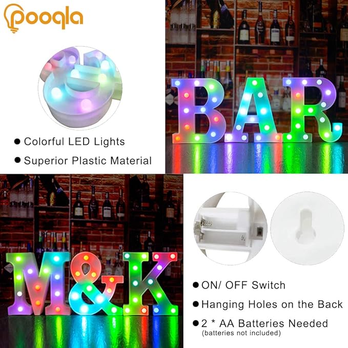 Pooqla Colorful LED Marquee Letter Lights with Remote – Light Up Marquee Signs – Party Bar Letters with Lights Decorations for The Home - Multicolor T