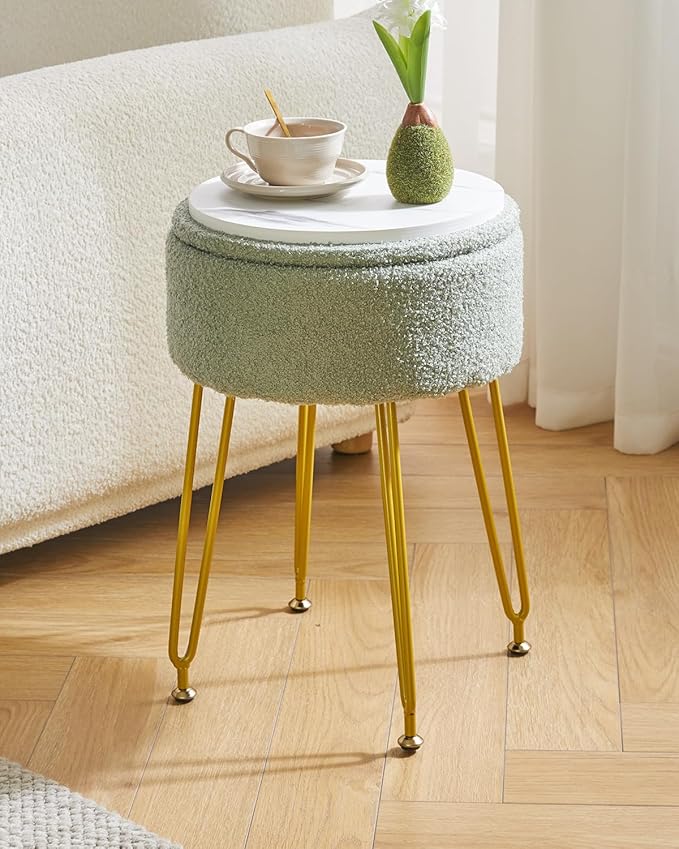 IBUYKE Teddy Velvet Storage Footrest Stool Ottoman, Makeup Vanity Stool Side Table with Removable Cover, Golden Steel Legs, Coffee Table Top Cover, Light Green WBD010D