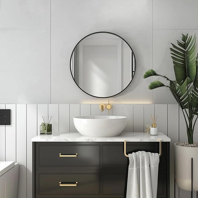 Black Circle Mirror, Round Bathroom Mirror 20 inch, Round Wall Mirror Metal Frame, Circle Mirrors for Bathroom, Vanity, Bedroom, Hallway.