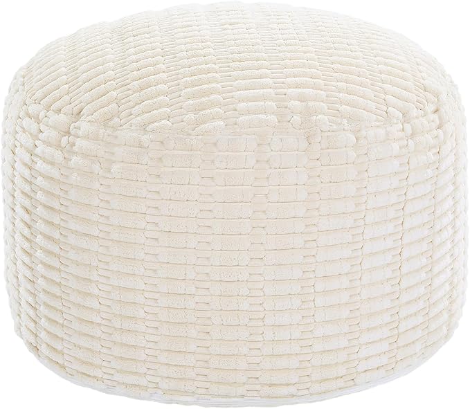 HOMBYS Unstuffed Ottoman Pouf Cover,Round Faux Fur Foot Stool, Fuzzy Chair, Floor Bean Bag(No Filler),Foot Rest with Storage for Living Room, Bedroom, Office, Striped Tufted (Beige)