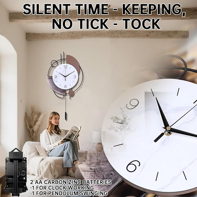 Wall Clock, Silent Non-Ticking Quality Quartz Battery Operated with Pendulum, Large Wall Clock for Living Room Kitchen Home Bathroom Bedroom Wall Decor, 13x21.65inch(Brown)