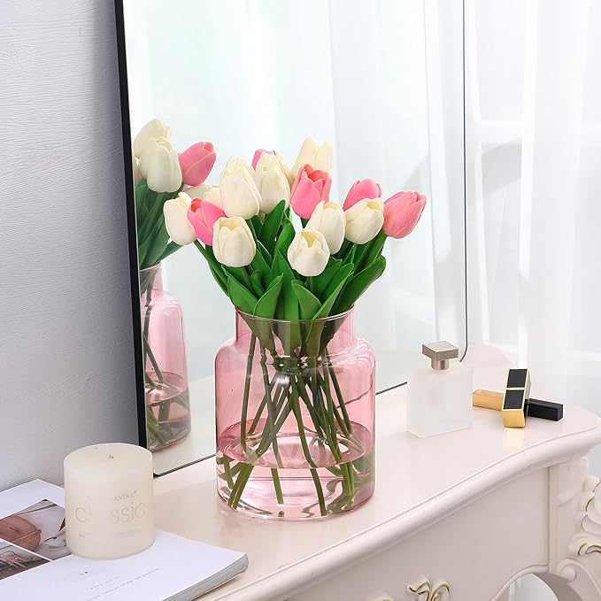Large Glass Vase, 7 Inch Pink Glass Vase, Large Flower Vases for Bouquet, Wide Mouth Vases for Flowers, Home, Wedding, Living Room, Office Decor