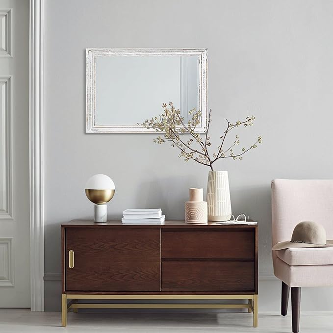 Wall Mirror with Rustic Wood Frame Rectangle Hanging Mirrors for Wall Large Decorative for Bathroom Bedroom Farmhouse Living Room Entryway 20"x16"