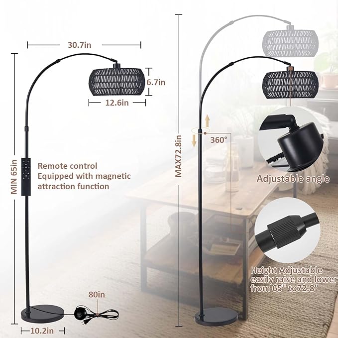 Arc Floor Lamp with Remote App Control Natural Rattan 100% Hand-Woven Dimmable Boho Rattan Floor Lamps with 3 Color Temperature Floor Lamps for Living Room Bedroom Offices(Black)