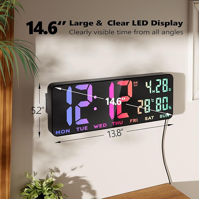 13.8 Inch Large Digital Wall Clock,Led Digital Clock Large Display with Temperature,Humidity Alarm,for Classroom,Living Room,Bedroom,Office,Home,Gym,Ideal for Seniors