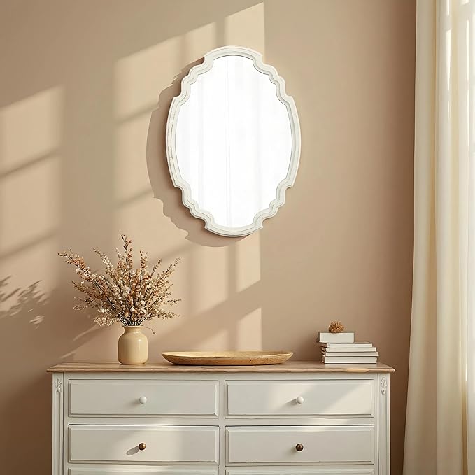 Vintage Sculpted Oval Mirrors for Wall Decor Living Room 16 x 23 inch, Hanging Distressed White Ornate Accent Wood Farmhouse Mirror, Rustic Wall Mounted Mirrors for Small Bathroom Entryway