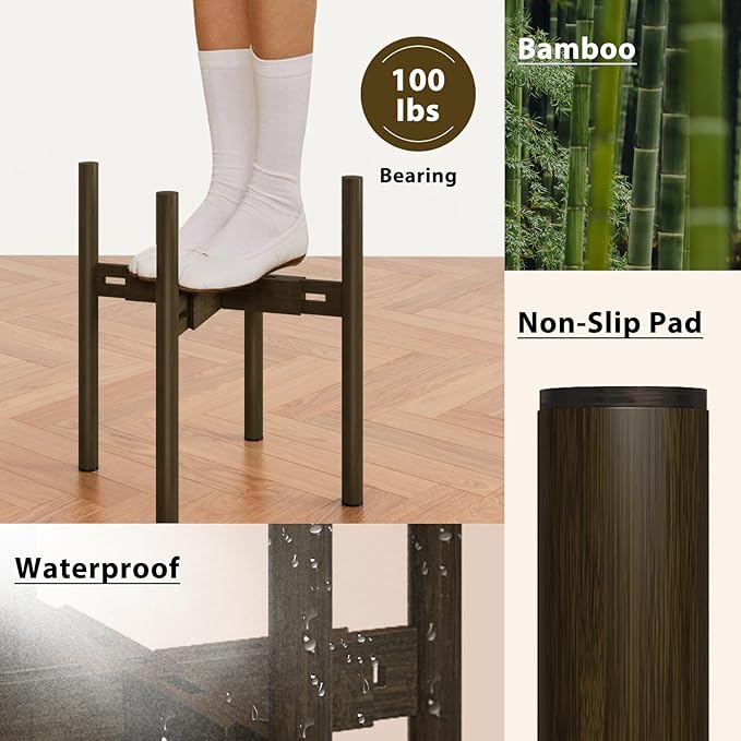 Adjustable Plant Stand Indoor, Bamboo Plant Holder 8 to 17 Inches, Small Tall Planter Stand for Indoor Plants, Single Floor Plant Stand for Living Room Balcony Bedroom, Tea Brown
