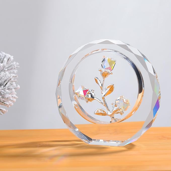 Crystal Clear Rose Bouquet Figurines Glass Flowers with Stems Valentines Anniversary Rose Gifts for Girlfriend Wife, Clear Crystal Rose in Glass Ring Collectible Figurines Forever Roses Decor
