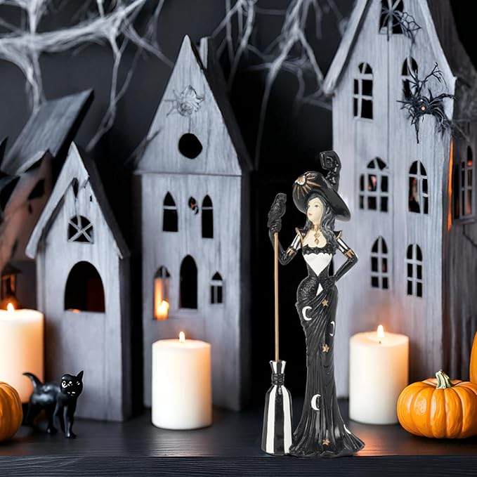 Newman House Studio Halloween Decoration Fairyland Witch Figurine - Magic Holding Broom Dia De Los Muertos Day of The Dead Statue Resin Theme Gift Farmhouse Decor 2.5x1.75x7.5 in