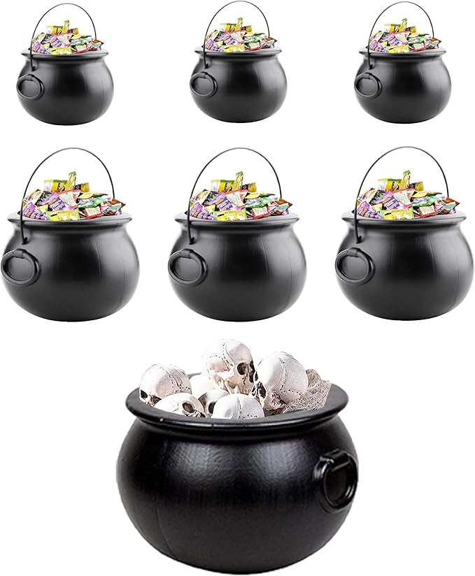 PMU 7pc Halloween Cauldron - Multi-Pack Assortment Plastic Candy Holder for Kids - Halloween Party Favors & Supplies - Black - (1) 16", (3) 8", (3) 6"