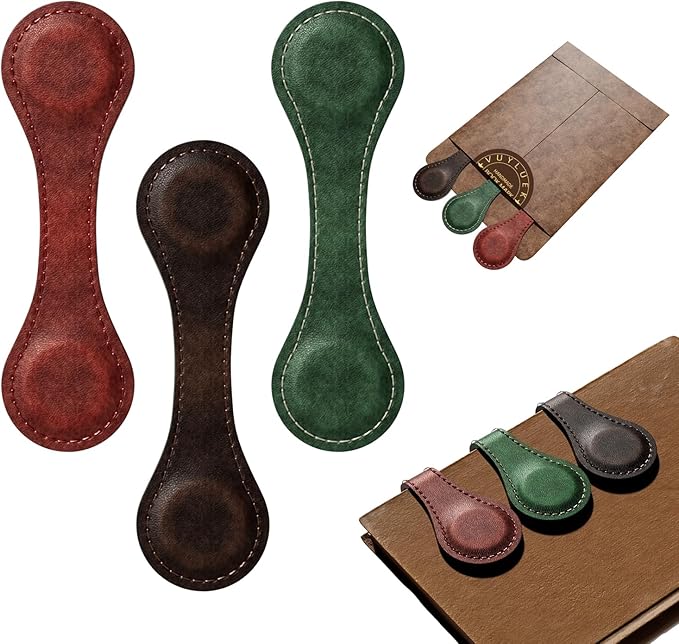 Set of 3 Magnetic Bookmarks, Vintage Genuine Leather Book Marks for Reading, Magnetic Page Clips Book Markers, Best Gift for Book Lovers Reading Men Women Teachers Students(Burgundy+Green+Coffee)
