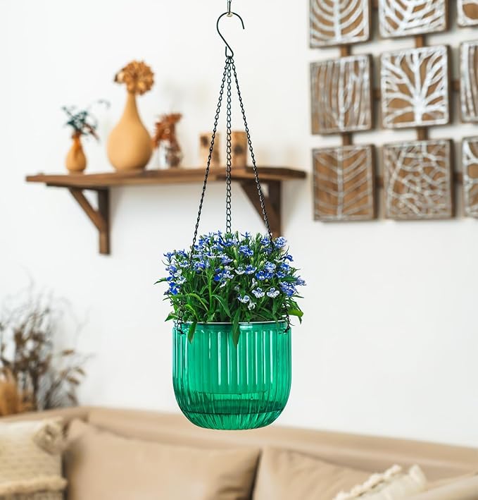 Melphoe 2 Pack Self Watering Hanging Planters Indoor Flower Pots, 6.5 Inch Outdoor Hanging Plant Pot Basket, Plant Hanger with 3Hooks Drainage Holes for Garden Home
