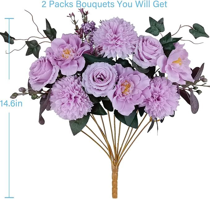 Premium Purple Artificial Flowers Bouquet, Silk Fake Flower Decoration, Faux Floral Arrangements for Wedding Bridal Bouquets and Home Table Centerpieces Décor