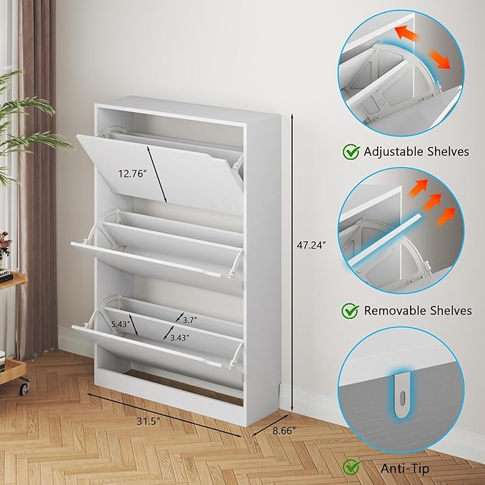 Shoe Cabinet with 3 Flip Drawers, Hidden Wood Shoe Cabinet,Freestanding Shoe Storage Cabinet for Entryway Hallway.White. 47.2" H*31.5" W*9.25" D.
