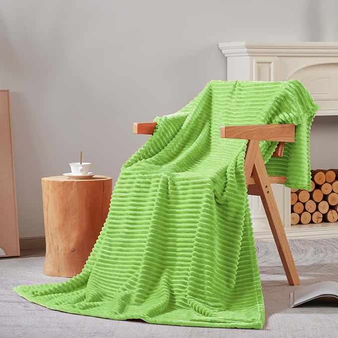 Bnuitland Light Green Flannel Throw Blanket (60X80 inches) with Storage Pouch,300GSM Super Soft Fleece Stripe Pattern Sofa Blanket for Adults, Lightweight Cozy Bed Throw for Home Decor All Season