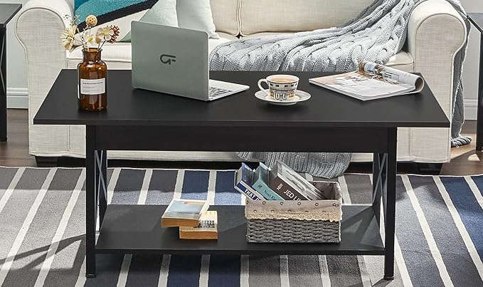 GreenForest Coffee Table with Storage, 43 inch Large Modern Coffee Tables for Living Room, X-Frame Design Farmhouse Coffee Table Space Saving Living Room Tables, Easy Assembly, Black