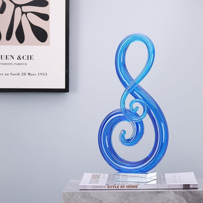 13" H Large Murano Glass Sculpture Blue Hand Blown Glass Figurines Art Music Decor, Modern Blue Glass Decor Crystals Sculpture Statue - for Luxury Home Living Room Office Console Table Decor