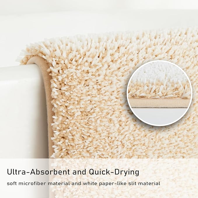 Douceur Beige Bathroom Rugs Non Slip, Luxury Thick Plush Shaggy Bath Mats Washable, Fluffy Absorbent Rugs, Quick Dry Shower Mat Gifts, 32" x 20"