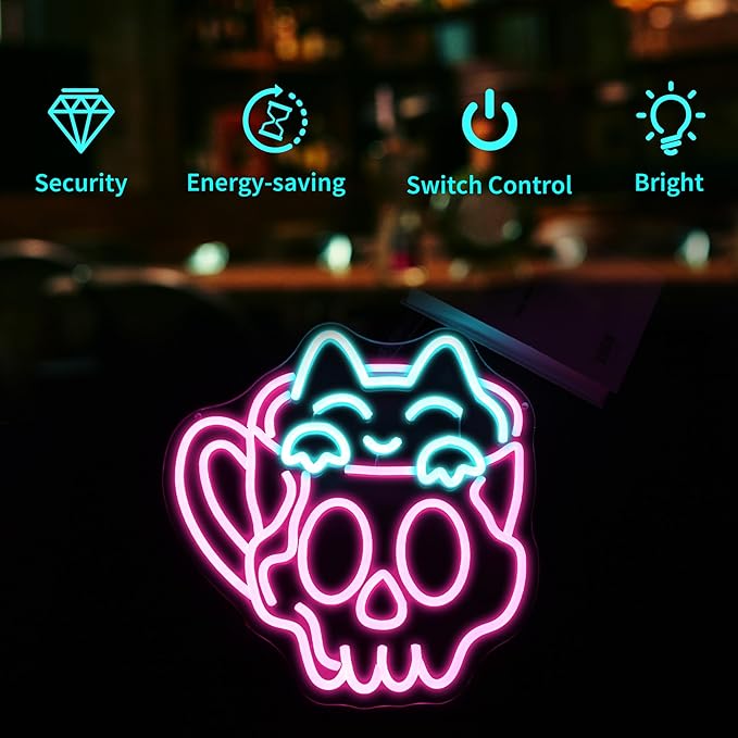 Neon Sign, HSJNJKFU Cat Coffee Cup Neon Signs for Wall Decor LED Sign for Room Cafe Home Party Birthday Bar Beer Signs - USB Powered.