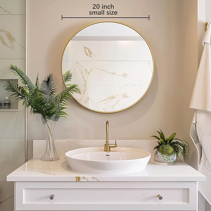 Gold Circle Mirror, Round Mirror 20 inch, Gold Mirror Metal Frame, Round Wall Mirrors for Bathroom, Bedroom, Living Room, Entryway.