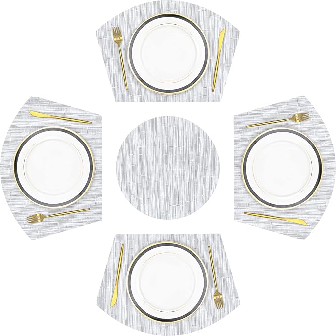 SHACOS Large Size Wedge Placemats with Centerpiece Round Mat Set of 5 Round Table Place Mats Washable Dining Table Placemats Reversible, Gray White