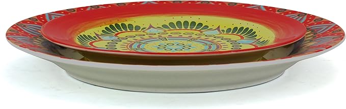 Elama Mandala Round Stoneware Multicolor Dinnerware Set, 16 Piece, Red