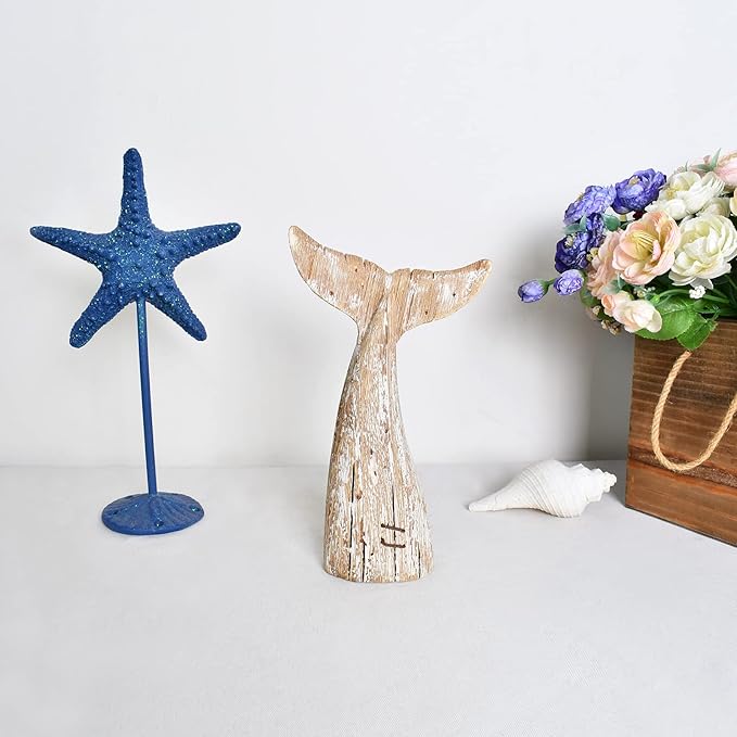Morning View Whale Tail Decor Tabletop Nautical Decor Wood Whale Sculpture Rustic Whale Tail Statue Carved Figurine Coastal Home Beach House Decor Ocean Mediterranean for Shelf Bathroom 8.5 Inch Tall