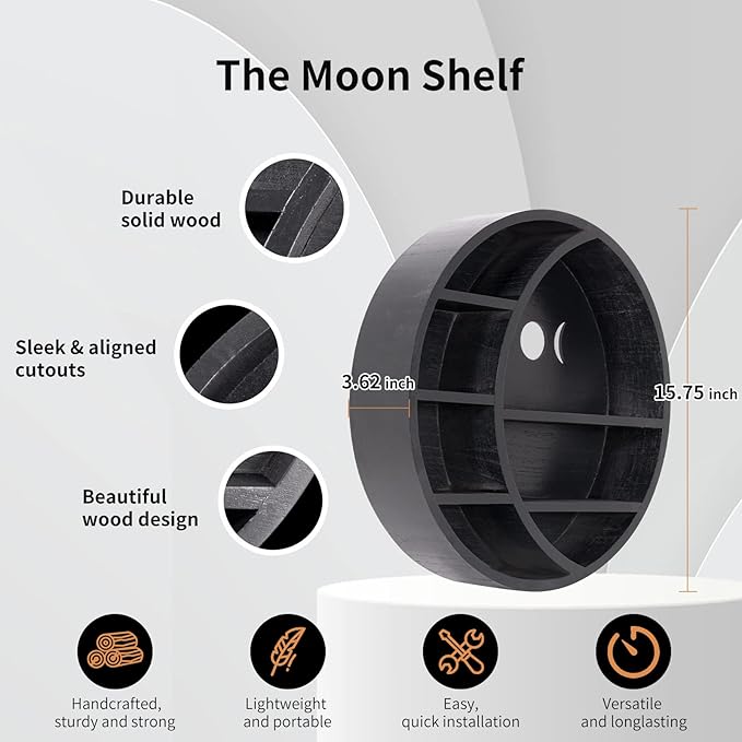 Myuilor Wooden Moon Shelf, 15.75Inch Crescent Moon Shelf for Crystals, Stones & Essential Oils, Crystal Shelf Display Pine Floating Circle Shelf, Crystal Moon Shelves