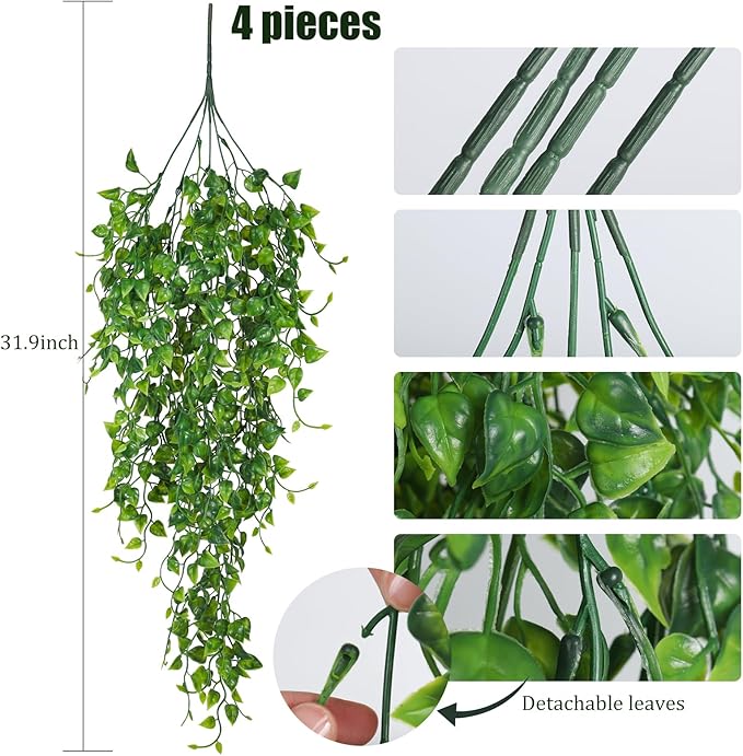 Artificial Hanging Plants 4pcs 33-in Fake Hanging Plant Faux Ivy Vine Leaves UV Resistant Plastic Wall Greenery Plants for Indoor Outdoor Home Garden Wedding Jungle Party Patio Office Shelf Decor