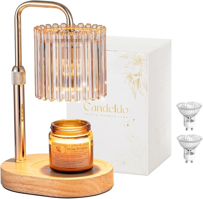 Candle Warmer Lamp with Timer: Gold Candle Warming Lamp with 2 Bulbs Height Adjustable Wax Melt Warmer Dimmable Modern Bedroom Decor Gift for Women