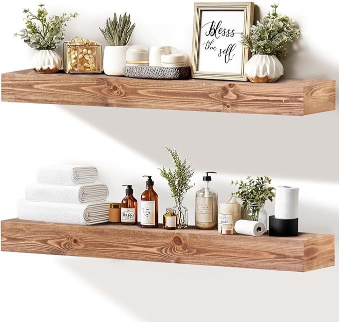 36x3x7 inch Floating Shelves Wall Mounted - Set of 2 Wood Rustic Solid Wood Wall Shelf - Heavy Duty Decorative Storage Shelves for Living Room, Bedroom, Bathroom, Kitchen