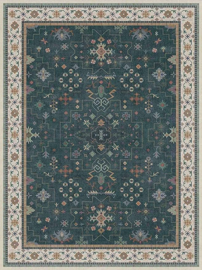Dark Green Oushak 3x4 Large Entryway Rug - Modern Vintage Boho Floral, Washable Low Pile Non-Slip Area Rugs for Door Mat Indoor Entrance, Kitchen, Bedroom Beside Bed