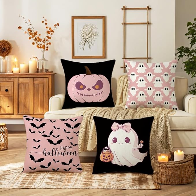 Halloween Pillow Cover 20x20 Inch Set of 4 Black White Skeleton Crow Spider Throw Pillow Covers Indoor Outdoor Farmhouse Decorative Pillow Case Halloween Home Sofa Bed Living Room Couch Decor