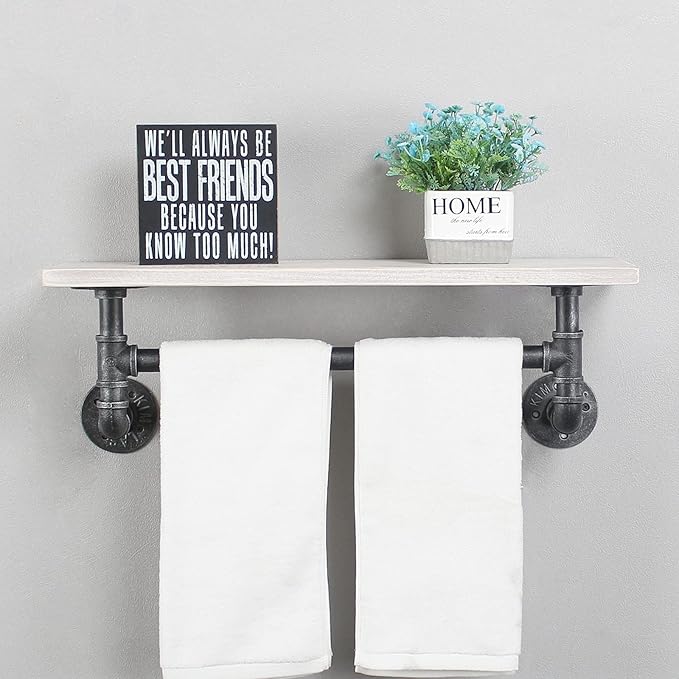 Industrial Pipe Shelving,Iron Pipe Shelves Industrial Bathroom Shelves with Towel bar,24in Rustic Metal Pipe Floating Shelves Pipe Wall Shelf,1 Tier Industrial Shelf Wall Mounted,Retro White