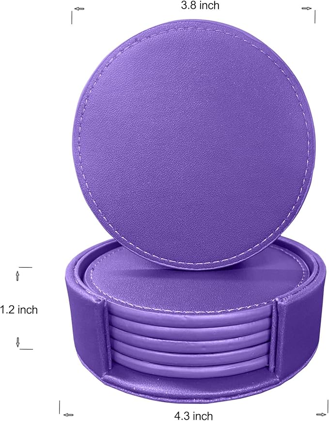 Coasters Set of 6 Soft Leather Drink Coaster Round Coaster with Sewing Around, Suitable for Various Cups, Wooden Tables,Home Decoration,4 Inches (Dark Purple,Sewing Type)