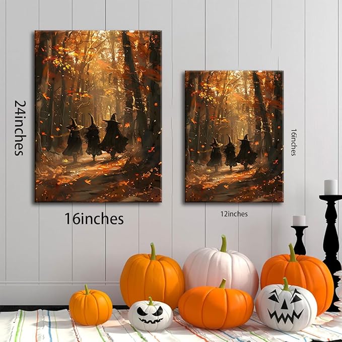 ILLBDR Halloween Canvas Wall Art Prints Creepy Witchy Silhouette Vintage Painting Poster Gothic Dark Moody Pictures Decor for Gallery Living Room Bedroom Bathroom 12x16 inch Framed