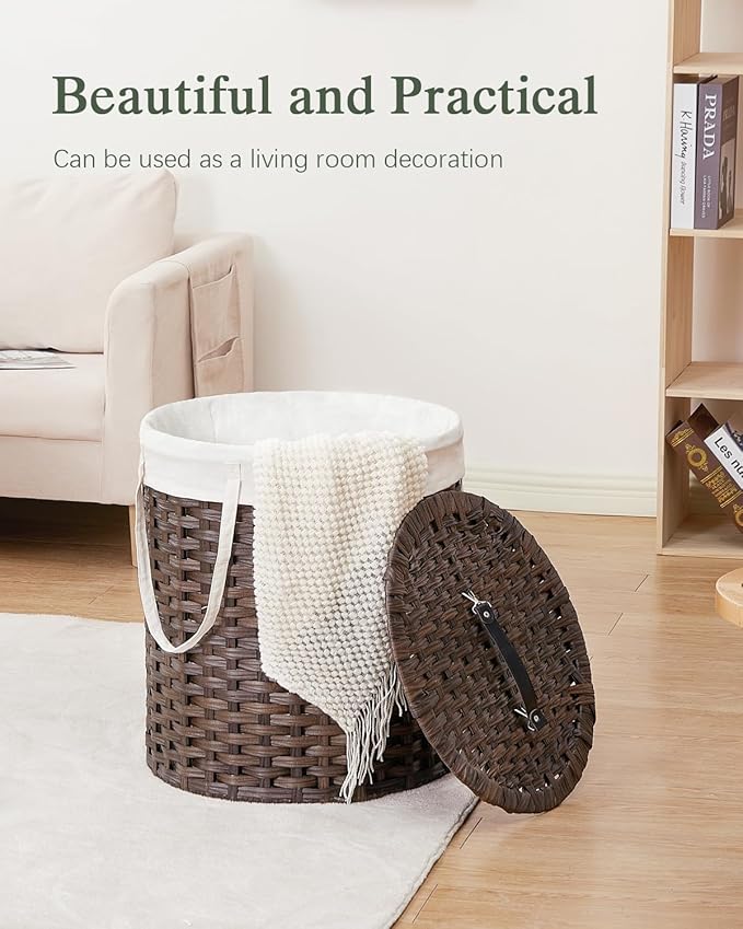 Laundry Hamper with Lid Wicker Laundry Hamper Round 26.5 Gal (100 L) Laundry Basket Handwoven Rattan Laundry Basket with Removable Bag Handles 2 Mesh Bags for Living Room Bedroom Brown