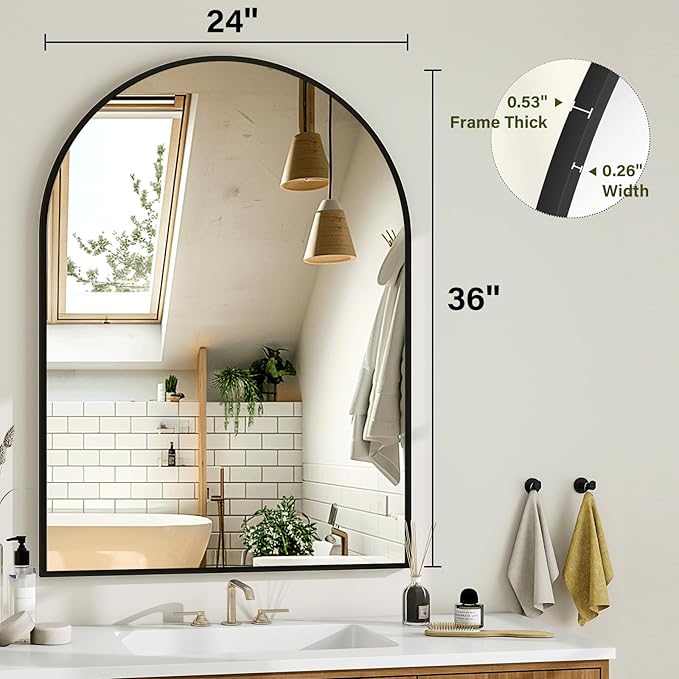 Arch Bathroom Mirror, 24x36 inch Arched Bathroom Mirror/Wall Mounted Vanity Mirror - Arch Metal Frame Wall Mirror for Bathroom Bedroom Living Room, Black