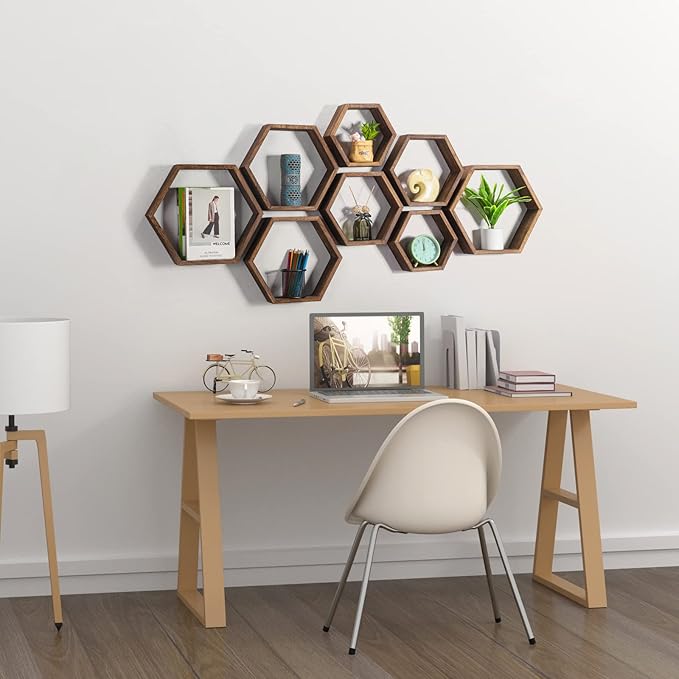 Hexagon Floating Shelves Set of 8 Wood Hexagonal Shelves Brown Wall Decor and Storage Racks for Living Room Floating Honeycomb Plants Shelf Farmhouse Wall Hexagon Hanging Shelf for Bedroom Home
