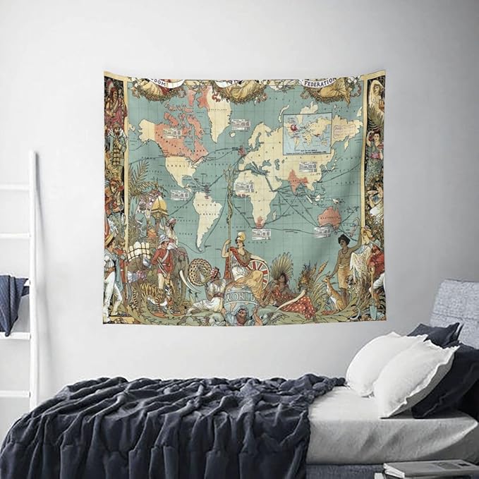 World Map Tapestry Wall Hanging for Kids Student 60 x 51Inch, World Map with Countries and Major Cities Tapestry Educational Wall Decorative Cloth for Bedroom Living Room Dorm Home Decoration