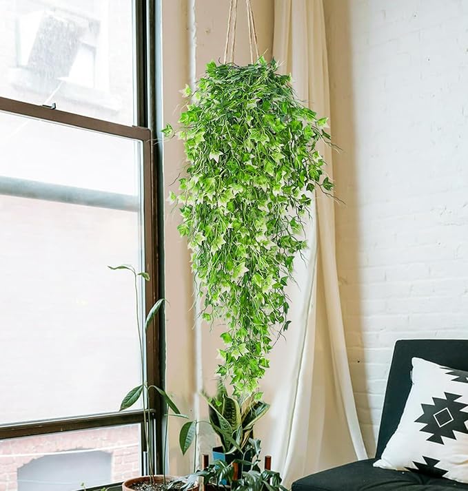 RECUTMS Artificial Hanging Plant - Faux Ivy Vine With White UV Resistant Leaves for Room, Office, Wall Decor (White)