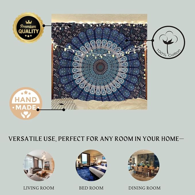 Bless International Handmade Indian hippie Bohemian Psychedelic Peacock Mandala Wall hanging College Dorm Beach Throws Table Cloth Bedding Tapestry (Orange Brown, Queen(84x90Inches)(215x230Cms))